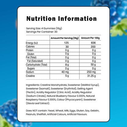 Blue Raspberry Creatine Gummies nutrition label – 5g creatine monohydrate per serve