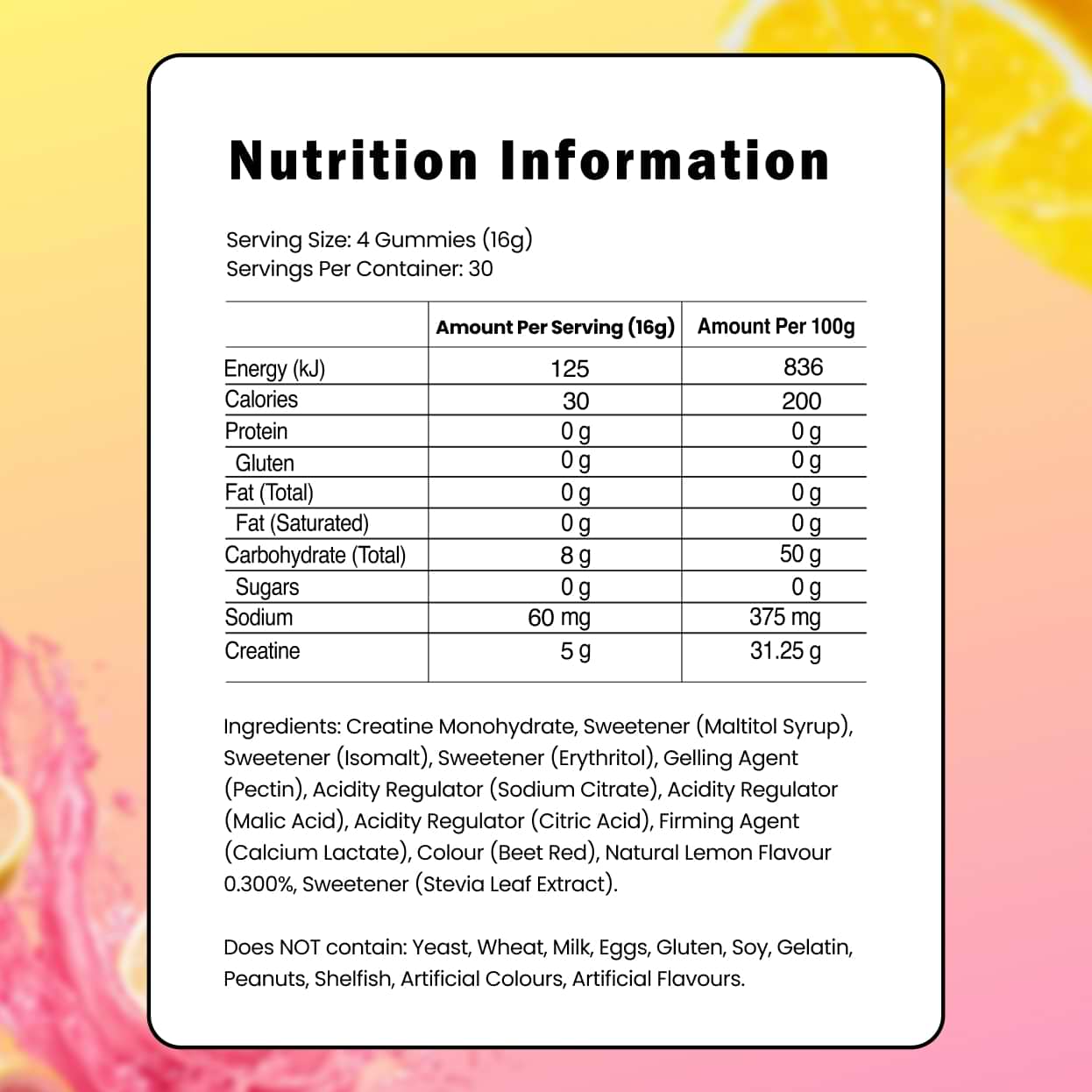 Pink Lemonade Creatine Gummies nutrition label – 5g creatine monohydrate per serve