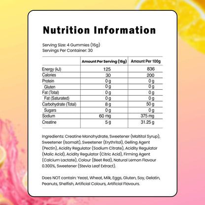Pink Lemonade Creatine Gummies nutrition label – 5g creatine monohydrate per serve